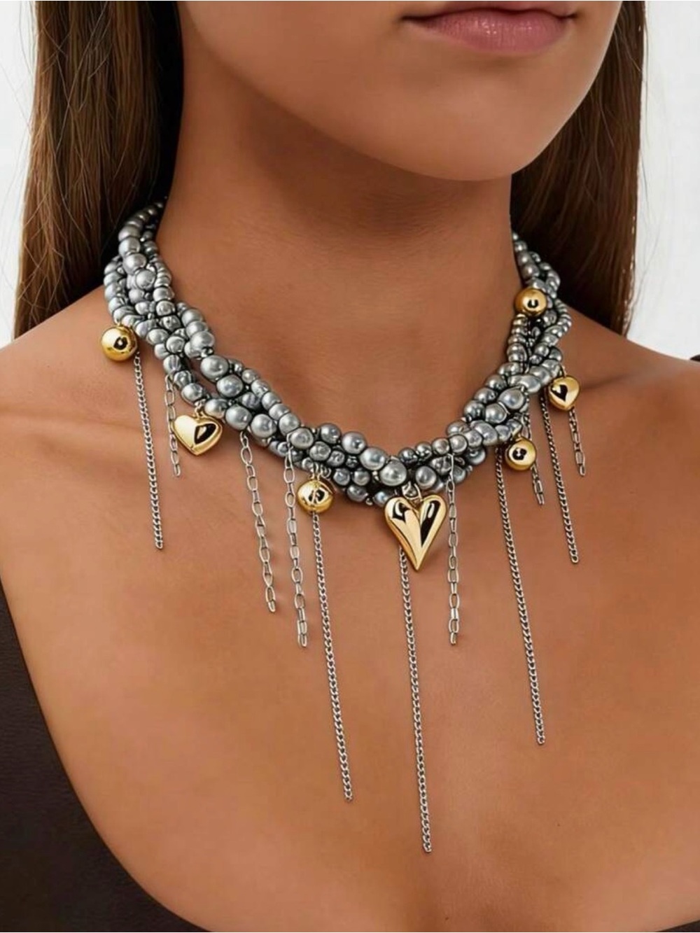 Boho Layered Heart Charm Statement Necklace - Silver & Gold Tone